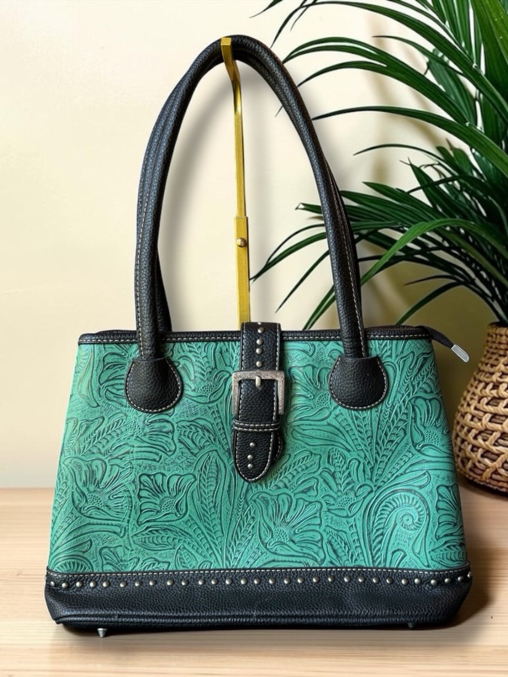 Trinity Ranch Embossed Turquoise Western Satchel Handbag Studded Purse